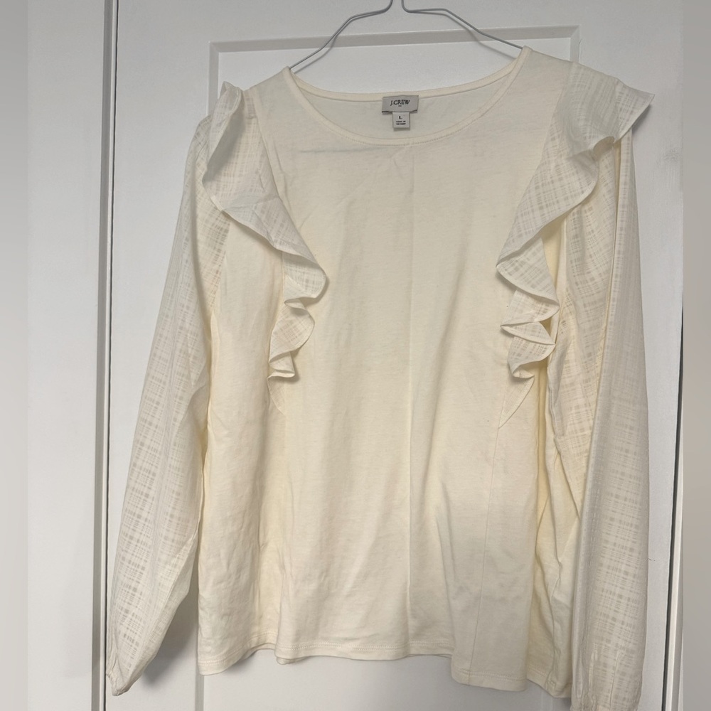 J Crew White Ruffle Detail Long Sleeve Blouse Top L Large